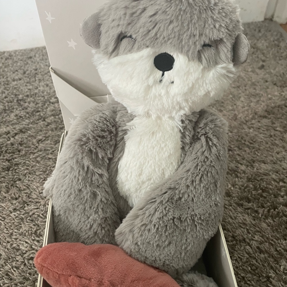 Cuddly Gray and White Otter Plush Toy heart inside can have a recorded message.